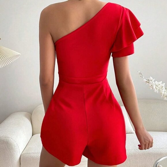 Red Preppy Womens One Shoulder Butterfly Sleeve Romper - Picture 2 of 5